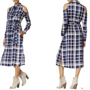 New Maison Jules
Cold-Shoulder Plaid Midi Dress, Dark Blue Combo